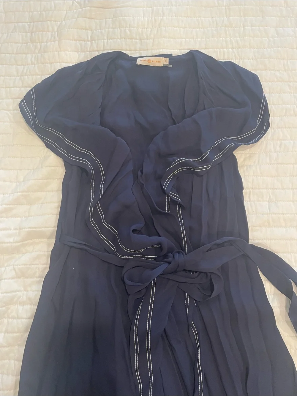Tory Burch Navy Pleated Wrap Midi Dress with Tie